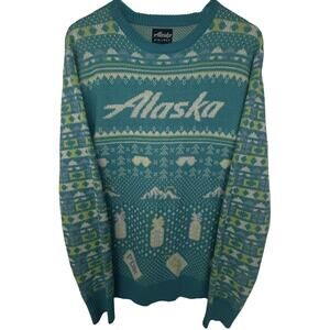 Alaska Airlines Fair Isle Novelty Travel Sweater Teal Unisex XL